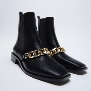 Zara black leather ankle boots with gold chain size 39